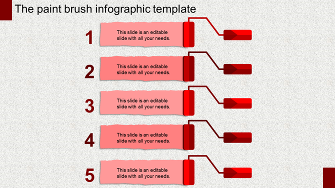 Infographic with five red paintbrushes aligned horizontally, each paired with text boxes and numbers on the left.