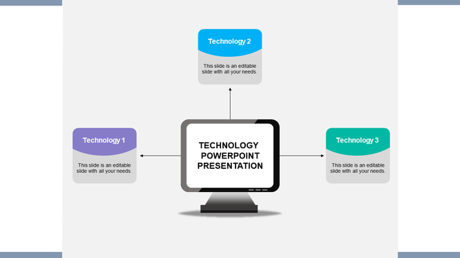 Three tech themed boxes linked to a central screen in a technology presentation design with placeholder text areas.