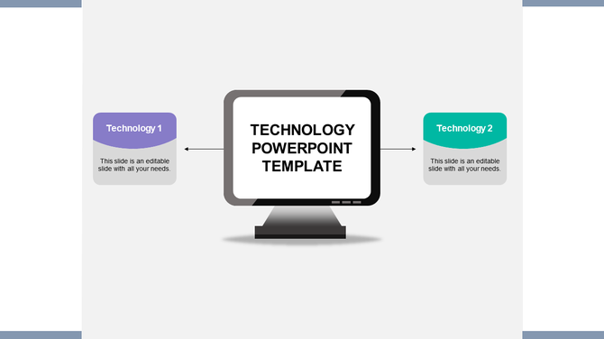 Technology PowerPoint template with two colored sections around a central monitor with placeholder text.