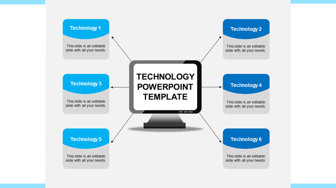 Technology themed design with a central computer screen and six labeled blue rectangular nodes connected by arrows.
