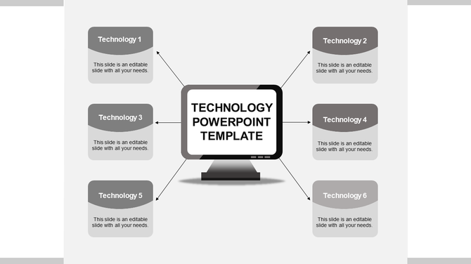 Gray computer monitor at center with six connected rectangles representing technology concepts on a white background.