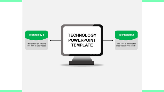 Technology slide with a central monitor and two green boxes labeled 1 and 2 connected by arrows.