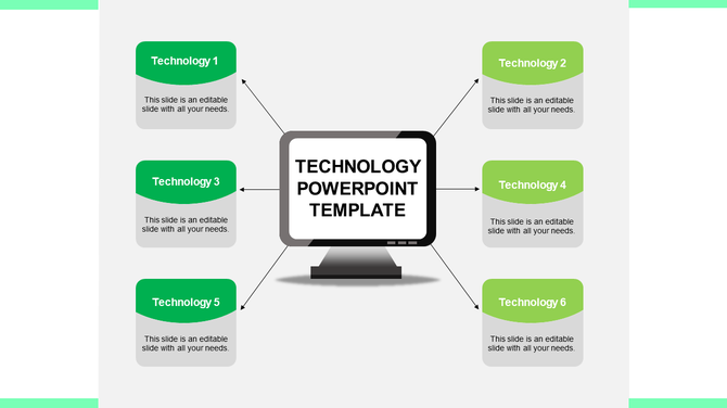 Technology themed slide with a central screen and six connected green boxes labeled technology 1 to 6.
