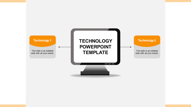 Technology PowerPoint template with two orange and grey text boxes displayed on either side of a computer.