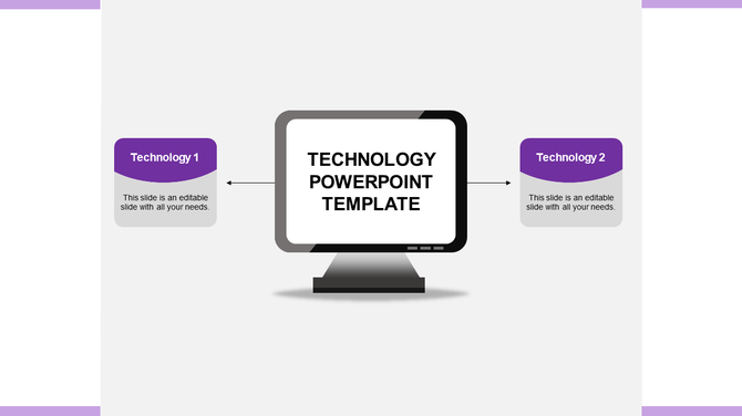 Purple and gray technology diagram with arrows linking Technology 1 and 2 to monitor connected to a central computer screen template.