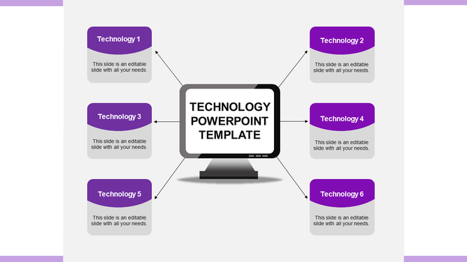 Technology themed slide with a central screen and six connected purple boxes labeled Technology 1 to 6.