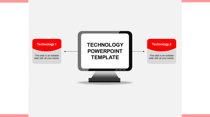 Red and gray technology diagram with arrows linking Technology 1 and 2 to monitor each with caption areas.