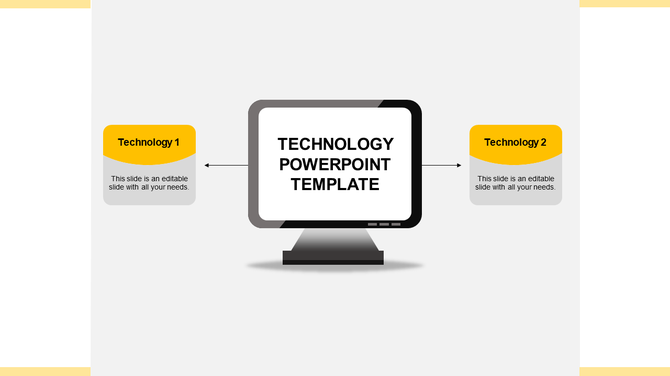 Technology PowerPoint template with two yellow and grey text boxes displayed on either side of a computer.