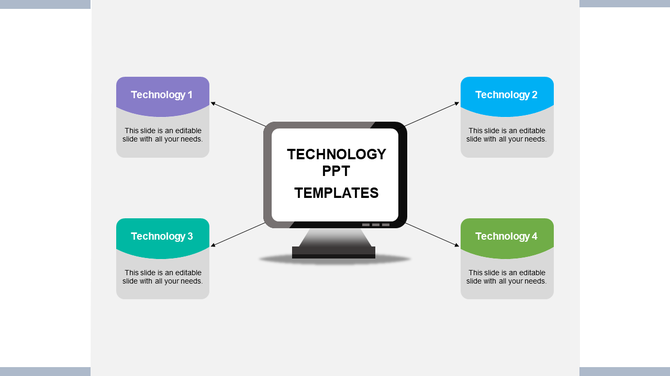 Four tech themed boxes linked to a central screen in a technology presentation design placed with caption areas.