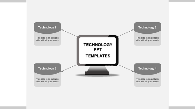 Technology PowerPoint template with four grey sections each connected to a central computer icon with placeholder text.
