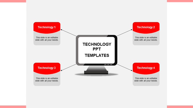 Central computer screen connected with four red rectangular boxes, arranged in a square layout, on a light background.