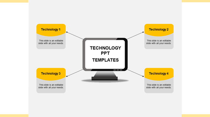Four tech themed yellow boxes linked to a central screen in a technology presentation design placed with caption areas.