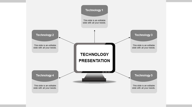 Technology infographic with five gray nodes surrounding a monitor and caption areas placed in white background.