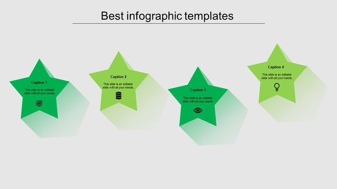 Infographic template featuring four green stars with captions and icons, arranged horizontally on a light background.