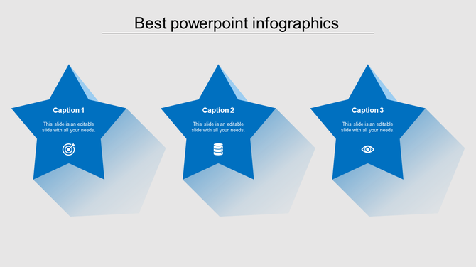 Three blue star shaped sections with captions and icons on a light gray background for infographic presentation.