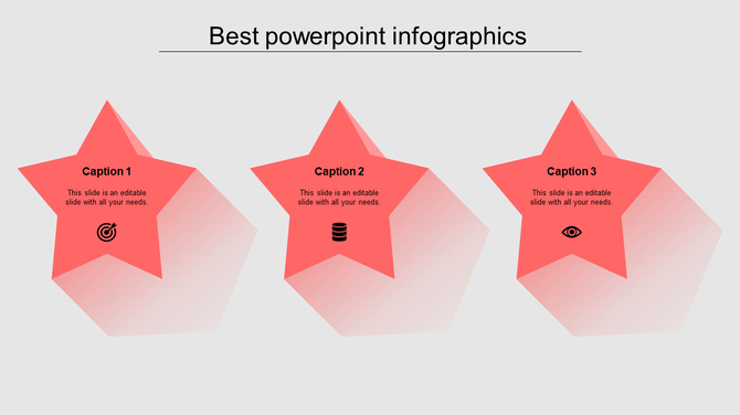 Infographic PowerPoint slide featuring three red star shapes with unique icons and captions.