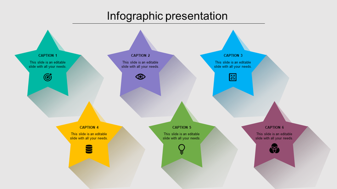 Best infographic PPT slide with six colorful star shaped icons representing various concepts with icons and placeholder text.
