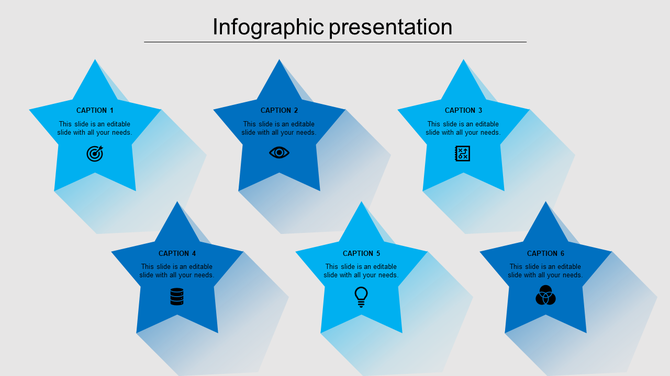 Best infographic PPT slide with six blue star shaped icons representing various concepts with icons and placeholder text.