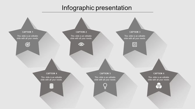 Best infographic PPT slide with six grey star shaped icons representing various concepts with icons and placeholder text.