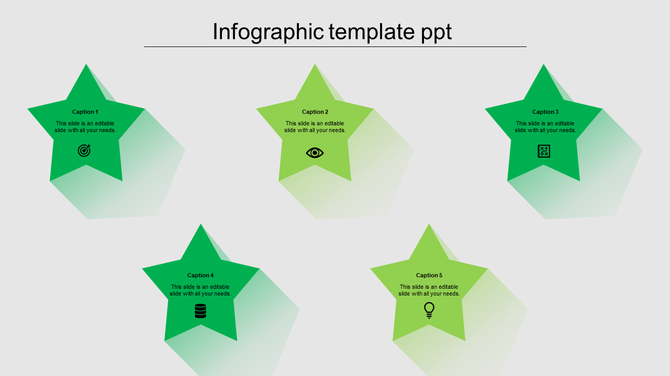 Infographic template with five green stars and shadow effects, each containing a caption and a white icon.