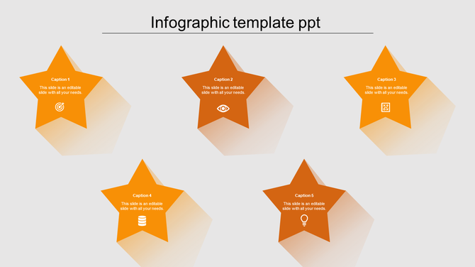 Infographic PowerPoint slide featuring five orange stars with icons for concepts such as goals, visualization, and strategy.