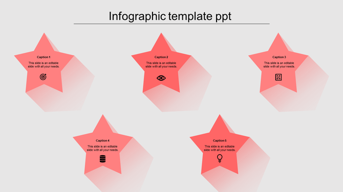 Infographic PowerPoint template with five red star shaped elements featuring icons from target to lightbulb.
