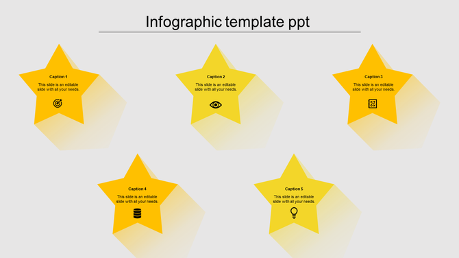 Infographic slide with five yellow star-shaped icons and black symbols arranged in a pentagon.