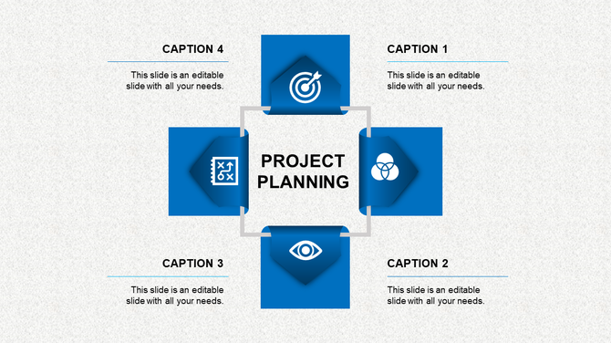 Project planning infographic with four blue square icons and placeholder text areas arranged around a central box.