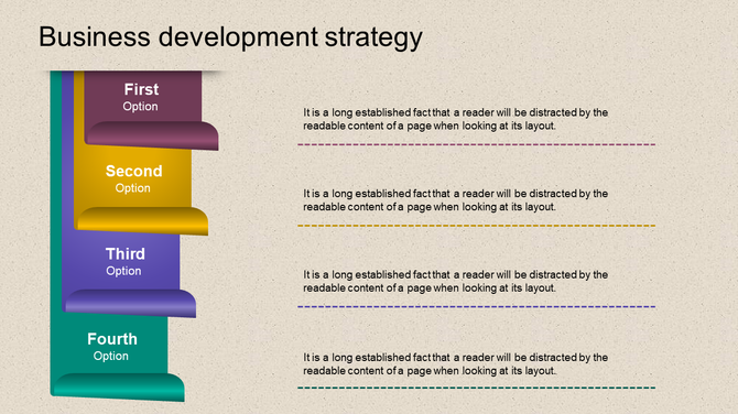 Stacked strategy layout with four colored sections for business development options and dotted line descriptions.