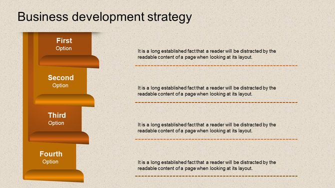Orange step infographic with First to Fourth  caption areas aligned vertically for business strategy.