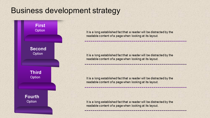 Four tier purple layout with curved steps and dashed text dividers on a textured beige background.