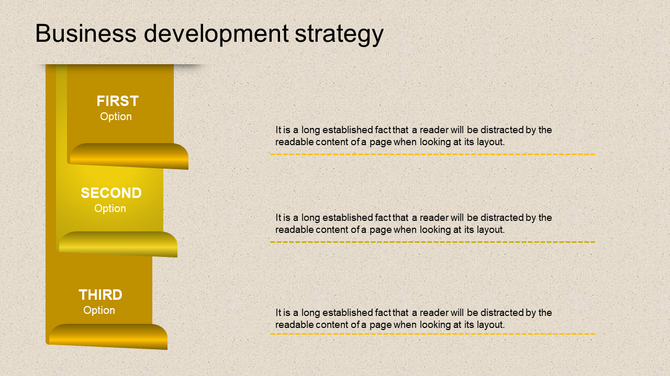 Business development strategy slide featuring a yellow vertical list with first, second, and third options with descriptions.