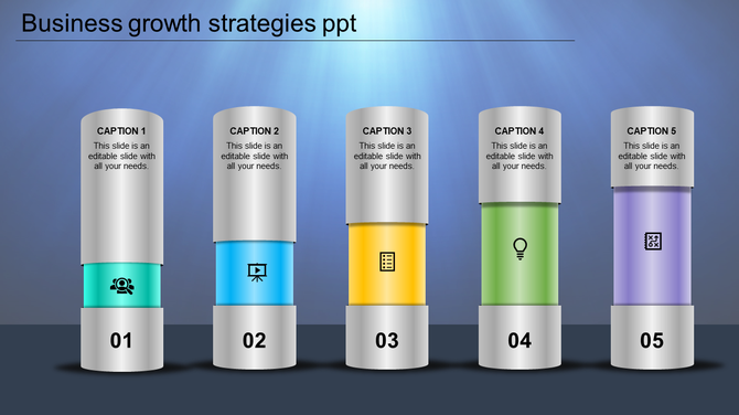Colorful gradient pillars showing business growth steps with icons for team, presentation, document, idea, and strategy.