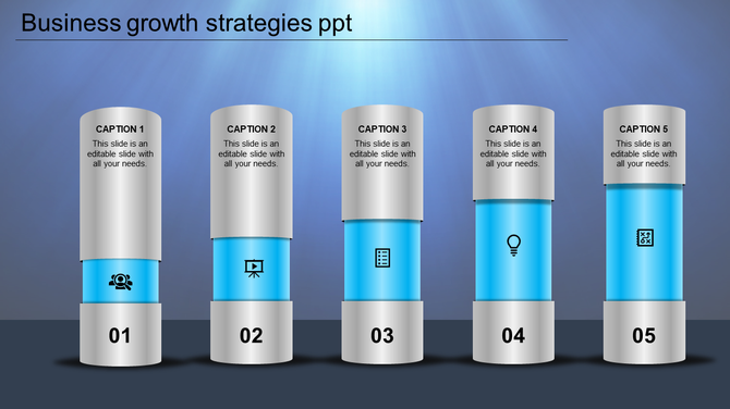 Blue colored business growth pillars numbered from 01 to 05 with icons and caption areas for strategic planning.