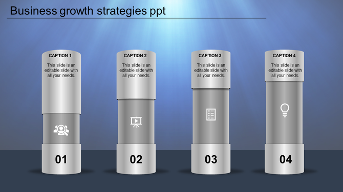 Business growth strategies PowerPoint template with four sections with grey icons and captions.