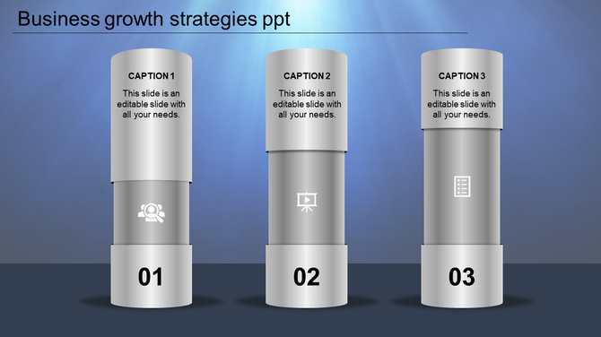 Business growth graphic with three vertical silver cylinders, each showing a numbered base, icon, and caption.