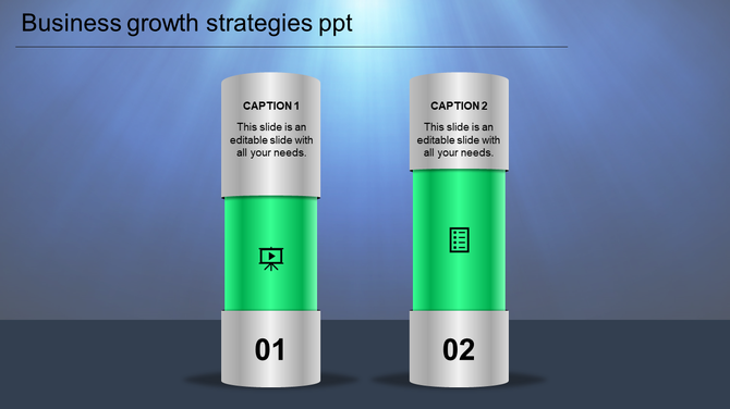 PowerPoint slide featuring two sections for business growth strategies with green icons and captions.