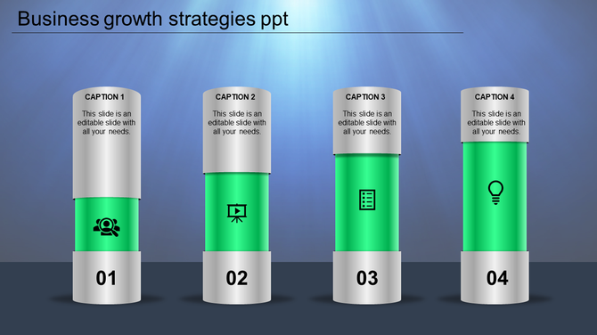 Business growth strategy layout with four metallic columns, green highlights, and black icons on a blue background.
