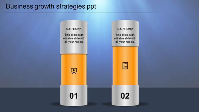 Modern infographic with two numbered silver and orange pillars, each displaying captions and icons representing concepts.
