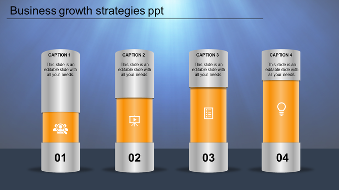 Business growth graphic with four vertical orange cylinders numbered 01 to 04, featuring icons and captions.