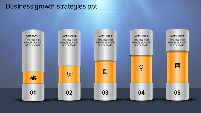 Orange gradient pillars showing business growth steps with icons for team, presentation, document, idea, and strategy.