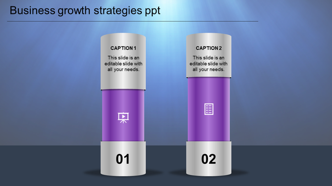 PowerPoint slide featuring two sections for business growth strategies with purple icons and captions.