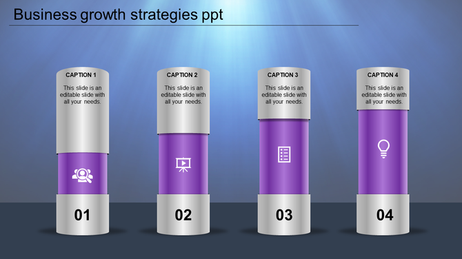 Four vertical metallic and purple gradient pillars with icons, captions, and numbers, set against a blue background.