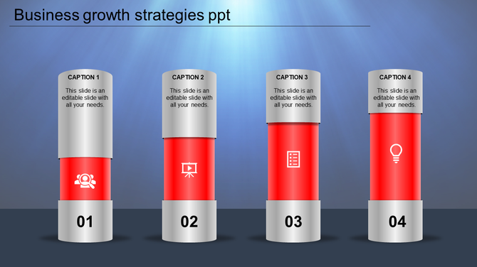 Business growth graphic with four vertical red cylinders numbered 01 to 04, featuring icons and captions.