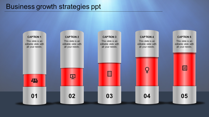 Infographic with five cylindrical pillars, each featuring a silver top, red center with icons, and numbered bases.