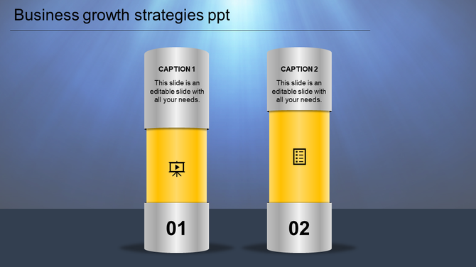 Slide with two metallic gradient cylinders, featuring yellow highlights, and strategic growth icons.