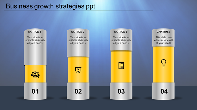 Four step business growth layout with yellow pillars, numbered bases, icons, and silver captions on top.