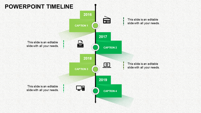 PowerPoint timeline template with green milestones for the years 2016 to 2019, each with icons and captions.