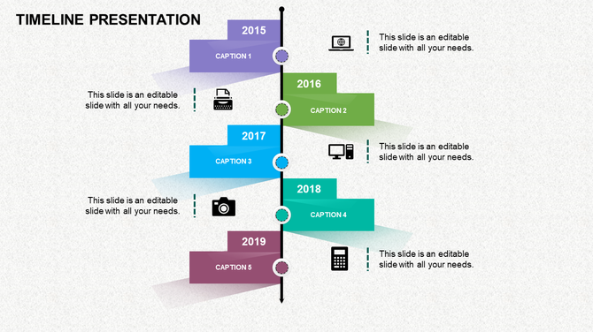 Colorful timeline PPT slide with milestones from 2015 to 2019, each featuring icons and placeholder text.