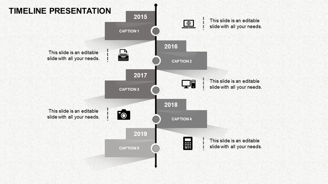 Timeline PowerPoint template in grayscale with milestones for 2015 to 2019, each with a corresponding icon and captions.